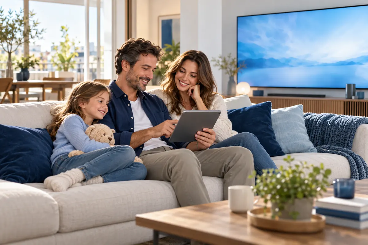Deux parents et un enfant comparent leurs options de télévision sur une tablette dans leur salon.