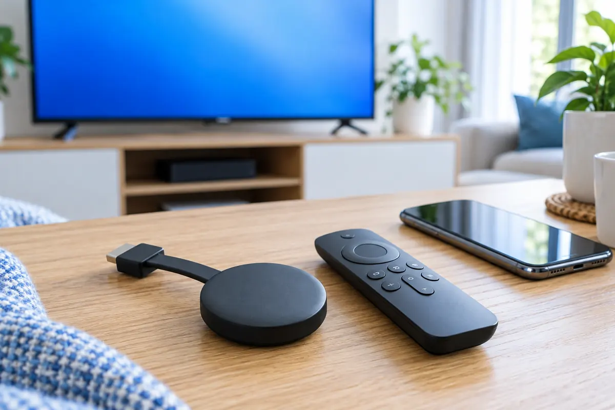 Accessoire HDMI générique, télécommande et téléphone devant une télévision à écran bleu