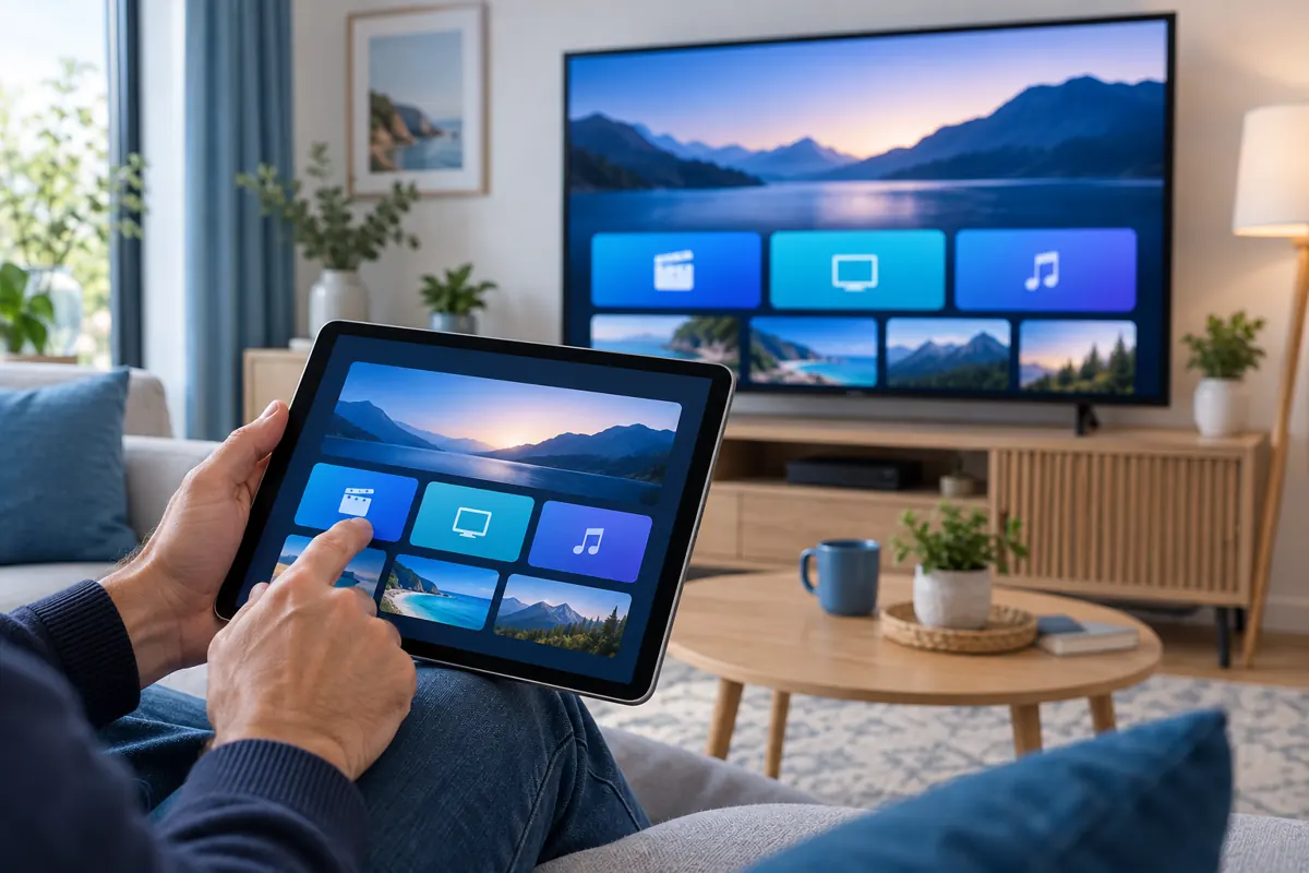 Une personne utilise une tablette avec une interface illustrative devant une télévision dans son salon.
