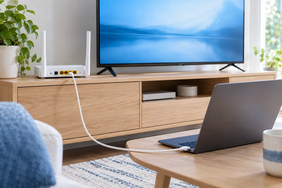 Routeur, câble Ethernet et ordinateur illustrent la connexion d’une télévision dans un salon