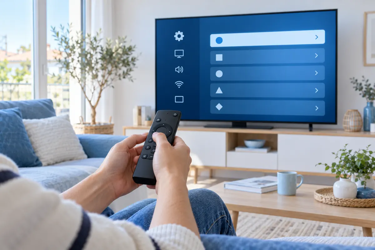 Des mains utilisent une télécommande devant un téléviseur affichant un menu bleu générique